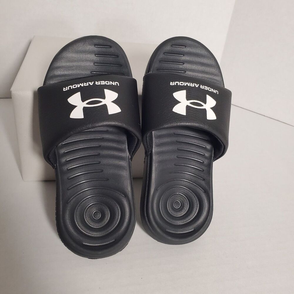 Under Armour Kids Slides Sandals Size 11K Black White Logo‎ Comfort Slip On
